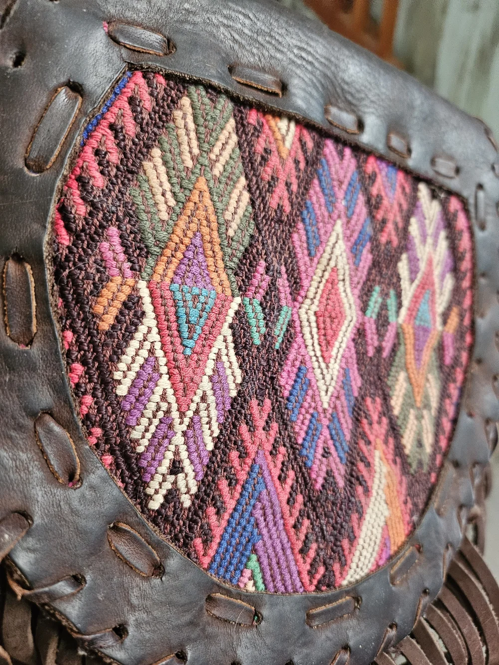 Vintage Bohemian Huipil Artisan Textile Festival Leather Shoulder Bag Fringe